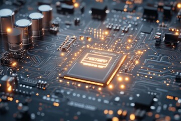 Poster - A close-up view of a circuit board featuring a glowing central processor that symbolizes modern computing power and technological advancement in high detail.