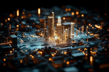 Poster - A digital city modeled as a circuit board, showcasing an illuminated skyline. It represents innovation, technology, and the interconnectedness of modern life.