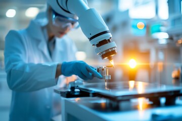 Poster - A scientist diligently examines a sample through a microscope in a well-equipped laboratory, reflecting innovation and dedication to scientific discovery.