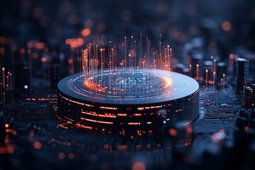 Poster - An abstract view of a circuit board features glowing nodes and intricate patterns, symbolizing the complexity and connectivity of modern technology.