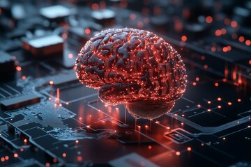 Poster - A brain composed of circuitry and light trails, visually representing the convergence of biological intelligence with digital technology in an intricate design.