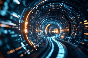 Poster - An abstract digital tunnel lined with glowing circuits, creating a dynamic sense of speed and progress through a vibrant display, ideal for tech themes.