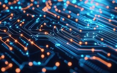 Poster - Abstract close-up of a circuit board illuminated with blue and orange lights showcasing intricate connections and technology details