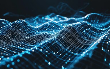 Poster - Digital waves created with light effects representing data visualization over a dark backdrop in a modern abstract style