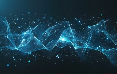 Poster - Dynamic blue wave of particles representing digital transformation in a dark space background with glowing lights