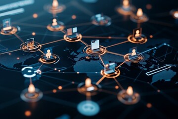 Poster - A digital network map with interconnected global nodes on a stylish dark background, underscoring digital communication, globalism, and the essence of modern tech.