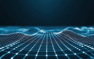 Fototapete - Abstract representation of digital waves with glowing grid lines in a dark atmosphere, illustrating technology concepts