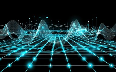 Poster - Visual representation of sound waves and frequencies in a futuristic digital landscape