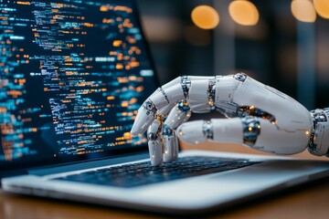 Poster - A futuristic robotic hand is depicted interacting with a laptop, symbolizing the integration of AI and technology and highlighting digital advancements in human life.