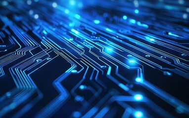 Poster - Futuristic blue circuit board design showcasing intricate lines and glowing points of light in a technology-inspired setting