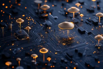 Poster - An abstract image resembling a circuit board, with interconnected lines and mushroom shapes illuminated in glowing orange accents against a dark background.