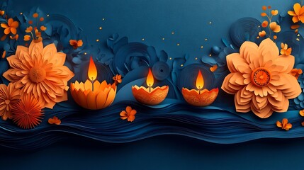 Poster - Cheerful Happy Diwali scene colorful paper cut lamps and flickering candles set against a lively background filled with festive elements designed with space for text