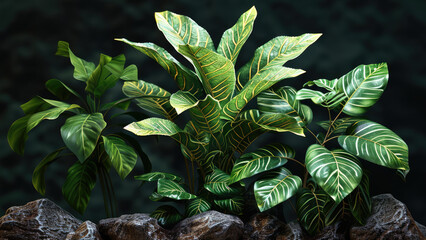 Poster - Very healthy plants, green, leaves, tropical plants, black background.