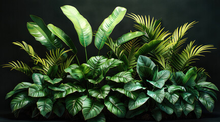 Poster - Very healthy plants, green, leaves, tropical plants, black background.
