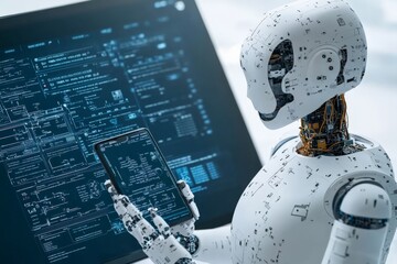 Poster - A high-tech humanoid robot interacting with data on a digital screen, representing advancements in artificial intelligence and machine learning within modern technology.