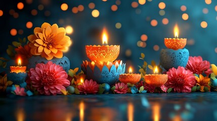 Poster - Cheerful Happy Diwali scene colorful paper cut lamps and flickering candles set against a lively background filled with festive elements designed with space for text
