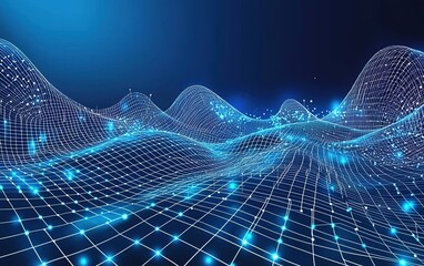 Fototapete - Digital landscape with glowing blue grid pattern and abstract wave formations in a dark background