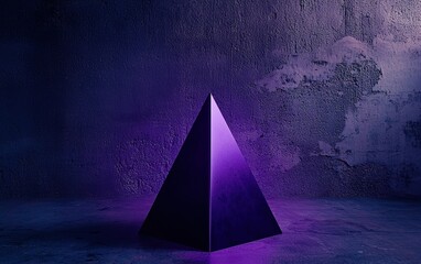 Poster - A glowing purple pyramid stands against a textured wall, illuminating the dimly lit space with vibrant colors during an artistic display