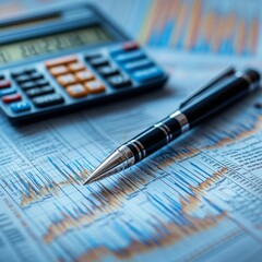 Poster - Calculator and pen on financial graphs for analysis.