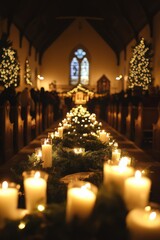 Poster - Candlelight illuminates a church pew with Christmas decorations and a stained glass window in the background.