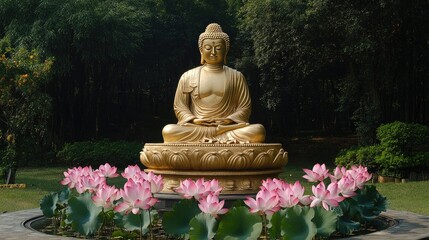 A golden Buddha statue with serene expression, surrounded by beautiful pink lotus flowers at the base and sides, creating a peaceful scene