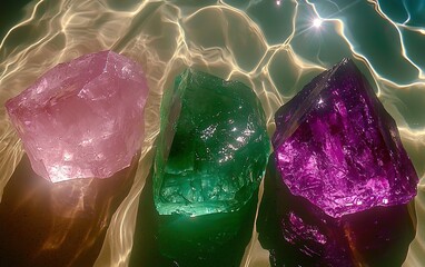 Poster - Colorful crystals reflecting light in a tranquil water setting, showcasing pink, green, and purple hues