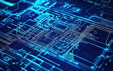 Poster - Exploring intricate blue circuitry on a dark background with glowing lines representing technological advancement