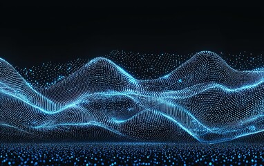 Poster - Digital wave patterns illuminated in blue create a mesmerizing visual display on a dark background during a futuristic event