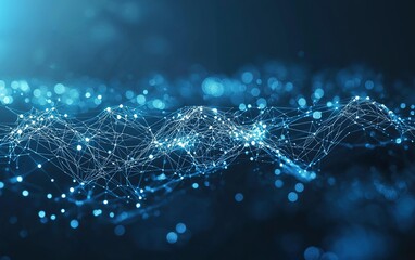 Poster - Abstract representation of interconnected data points creating a digital landscape in blue hues, symbolizing technology and innovation