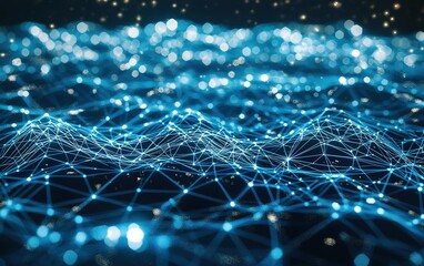 Fototapete - Dynamic blue network waves illuminated with lights representing digital connectivity and technology advancements at night