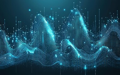 Fototapete - Dynamic digital waveforms with glowing particles representing sound frequencies in a futuristic environment