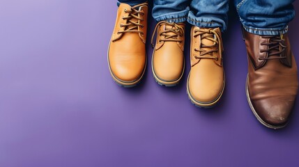 Father and son shoes together on purple background