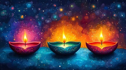 Poster - Colorful Diwali lamps candles illustrated in a whimsical cartoon art style set against a bright and cheerful background embodying the spirit of the festival of lights