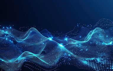 Fototapete - Abstract blue digital wave pattern illuminated by glowing particles in a dark background showcasing modern technology aesthetics