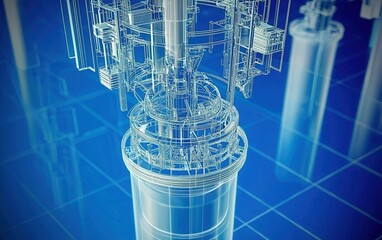 Poster - Detailed visualization of intricate mechanical components with a blue background spotlighting a complex assembly process