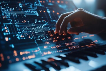 Poster - A hand interacts with a digital interface on a piano keyboard, showcasing the fusion of music and technology in a futuristic and dynamic visual presentation.