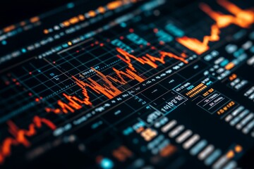 Poster - A detailed view of stock market graphs on a digital screen, showing upward trends and data analysis with vibrant colors indicating financial growth and progress.