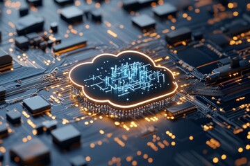Poster - A digital cloud structure on a circuit board represents cloud computing and technology integration in a modern futuristic style, glowing with bright accents.