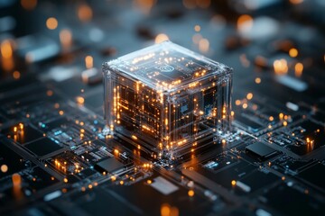 Poster - A digital cube sitting atop a circuit board features complex neon-lit circuits, representing technological advancement and engineering precision in a futuristic style.