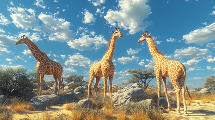 Wall Mural - Three giraffes stand on a rocky outcrop in a savanna landscape. The animals are looking around and the sky is blue with white clouds.