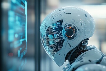 Poster - A visually striking futuristic robot with a high-tech helmet, looking at a digital holographic display filled with technological data and interfaces.