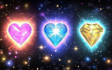Poster - Colorful sparkling hearts in vibrant hues glow against a dark background creating a mesmerizing visual display