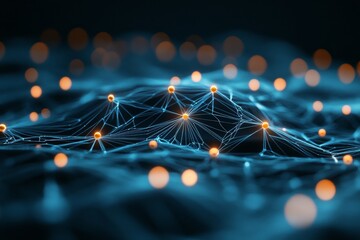 Poster - An abstract representation of a network with glowing nodes connected by lines, symbolizing connectivity, communication, and modern digital technology.