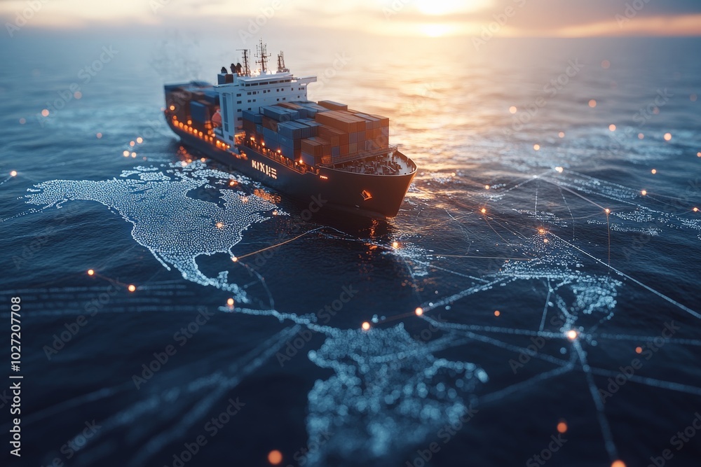A cargo ship sails through a digital ocean, highlighting global ...