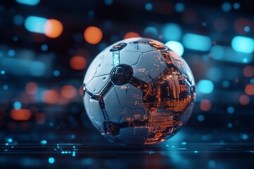 Poster - A soccer ball is embedded with advanced digital circuits, representing the fusion of sports and technology, under a vibrant blue and orange abstract background.