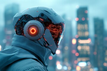 Poster - A person wears a high-tech helmet featuring glowing red lights, against a cityscape background, symbolizing the merging of humanity and technology.