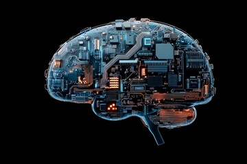 Poster - A digital brain composed of intricate circuits and components, resembling a neural network, set against a stark black background in high detail and contrast.