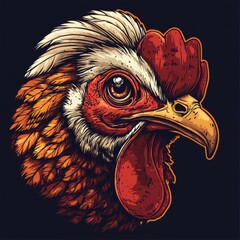 Wall Mural - Close-up illustration of a rooster's head with a black background.