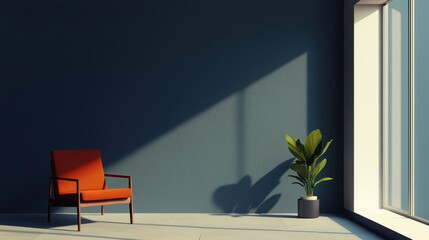 A minimalist interior featuring an orange chair, a potted plant, and ample natural light streaming through large windows.