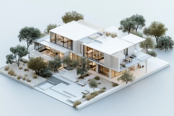 Poster - A modern architectural marvel designed in minimalistic style features sleek lines and open spaces, seamlessly blending nature with contemporary living spaces.